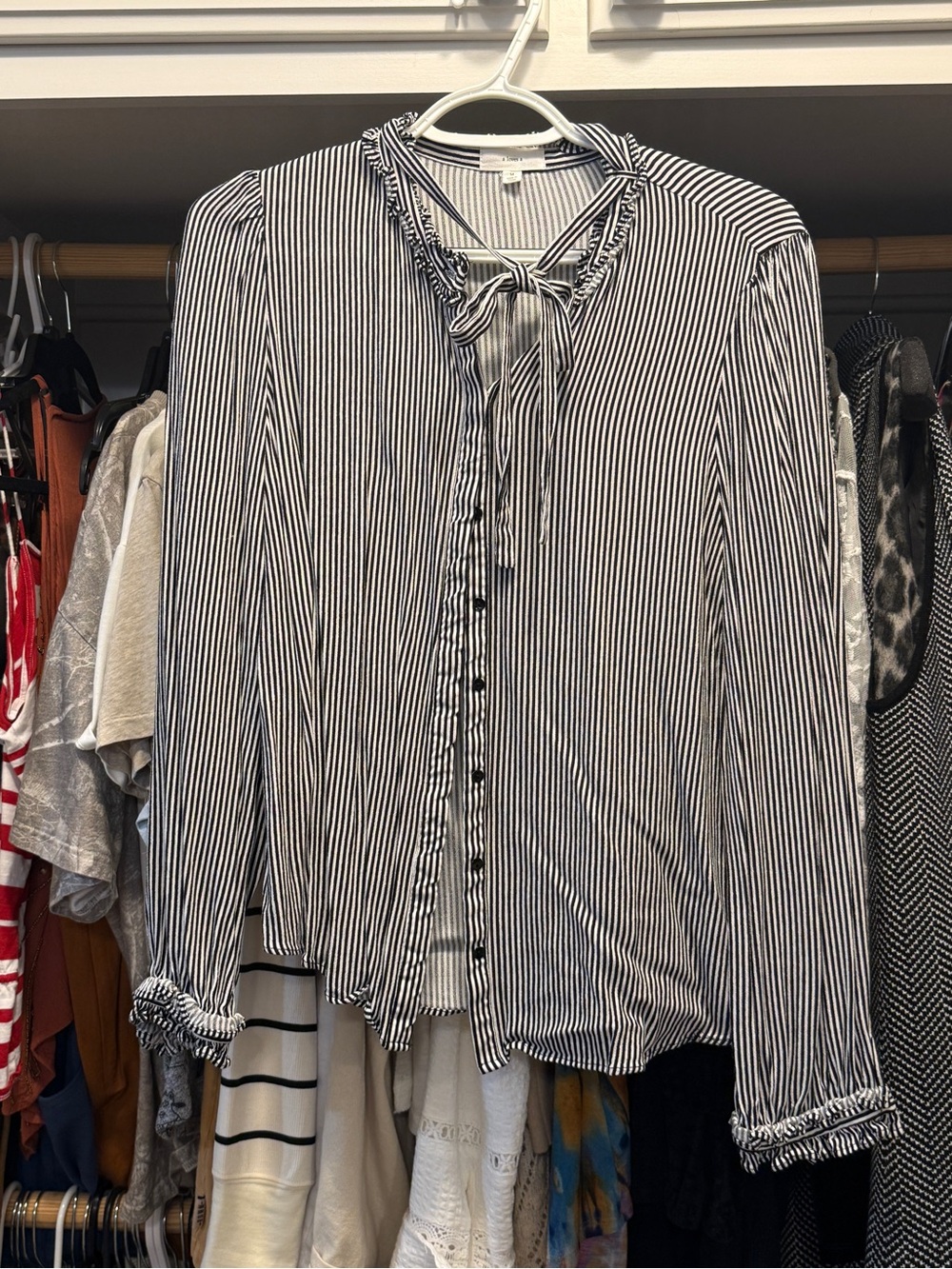 Striped Tie-Neck Blouse in Black and White